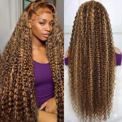30Inch Highlight Ombre Lace Front Wig Human Hair Deep Wave 13X6 HD Honey Blonde