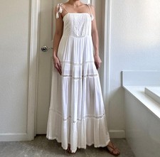 Lulus Boho Vintage Tassel Straps Embroidered Beach Maxi Dress S White