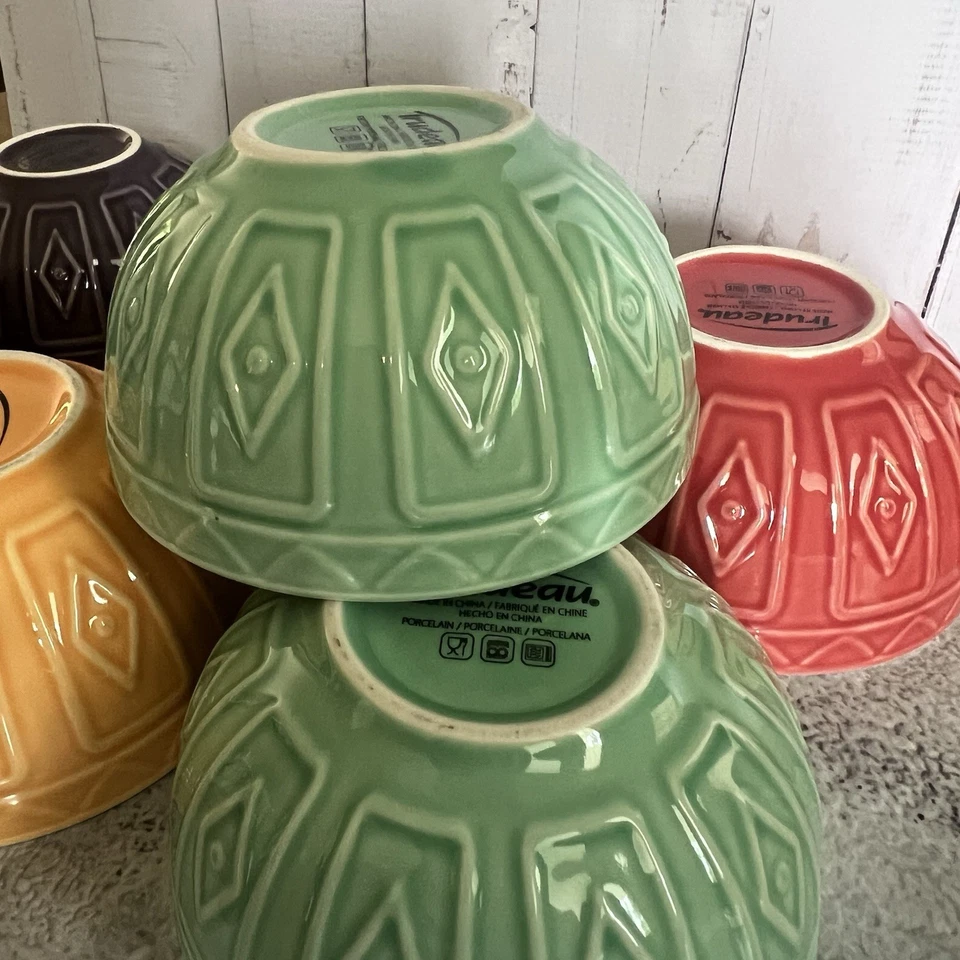 "Juego de 7 cuencos de porcelana Trudeau de 4,5"" multicolor patrón geométrico estilo postre" Foto 4 de 4