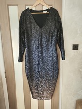 Monsoon Womens black Sequin Navy Silver Party Midi Dress Size 20 shiny Occasion 