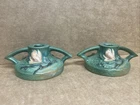 Pair of Roseville Pottery Magnolia Candleholders Blue 1156-2 1/2" USA