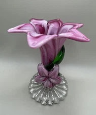 Murano Style Art Blown Glass Pink Purple Green Swirl Flower Petal Shape Bud Vase