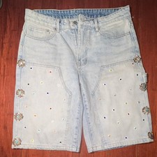 MEN S Light Blue rinestone Denim Cargo Shorts...