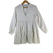 Valleygirl Dress Womens 8 White V Neck Long Sleeve Trapeze Swing Mini 131044