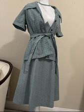 Vintage 1960-70s V Waist Green/White Poly Dress Set