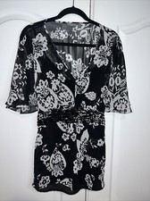Y2K Sheer Blouse Top Lined XL Black White Floral Jewel Babydoll Whimsigoth Fairy