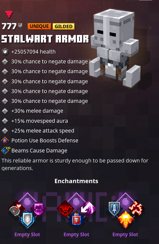 Minecraft Dungeons MOD STALWART ARMOR 100 Night TIER S Xbox/PS4