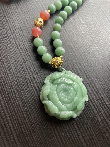 Aventurine Necklace with Carved Lotus Pendant Adjustable Length - Picture 2 of 11