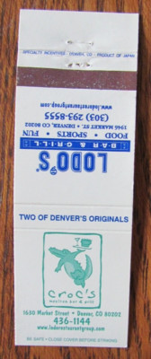 ALLIGATOR MATCHBOOK COVER: CROC'S & LODO'S DENVER, COLORADO EMPTY MATCHCOVER -D1
