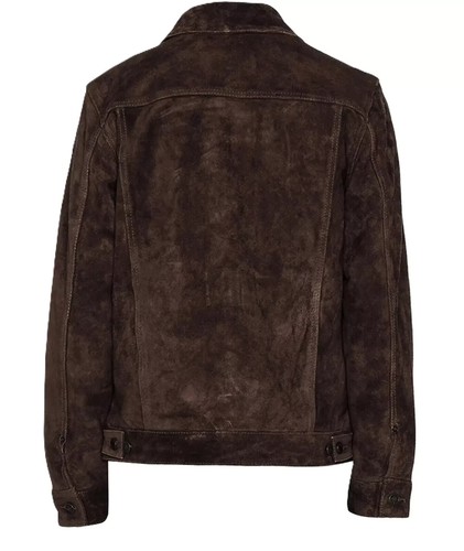 Men's Real Suede Leather Dark Brown Trucker Jacket Denim Style Classic Jacket - Picture 2 of 6