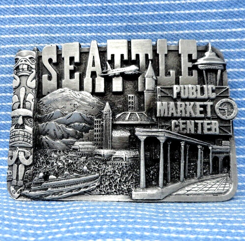 Seattle Belt Buckle Public Market Center Totem Culture Vtg 80s Siskiyou  .PCB679