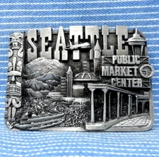 Seattle Belt Buckle Public Market Center Totem Culture Vtg 80s Siskiyou  .PCB679