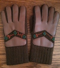 Womens Vintage Retro Winter Knit Brown Gloves Orange Green Accents Small Hands