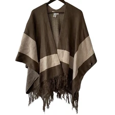 She Sky Women’s Knitted Shaw Wrap Cape Poncho Brown Tan Stripe Fringe One Size