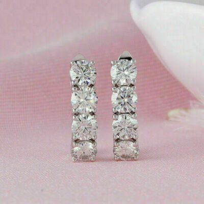 2Ct Round Cut Simulated Diamond Huggie Hoop Earrings Solid 14K White Gold Plated