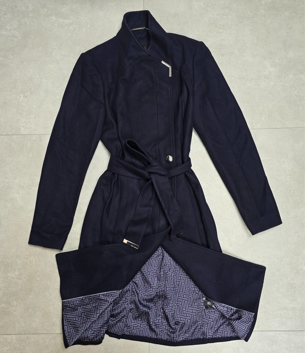 Ted Baker Ellgenc Long NavyCashmere Wool Wrap Belted Coat TB UK