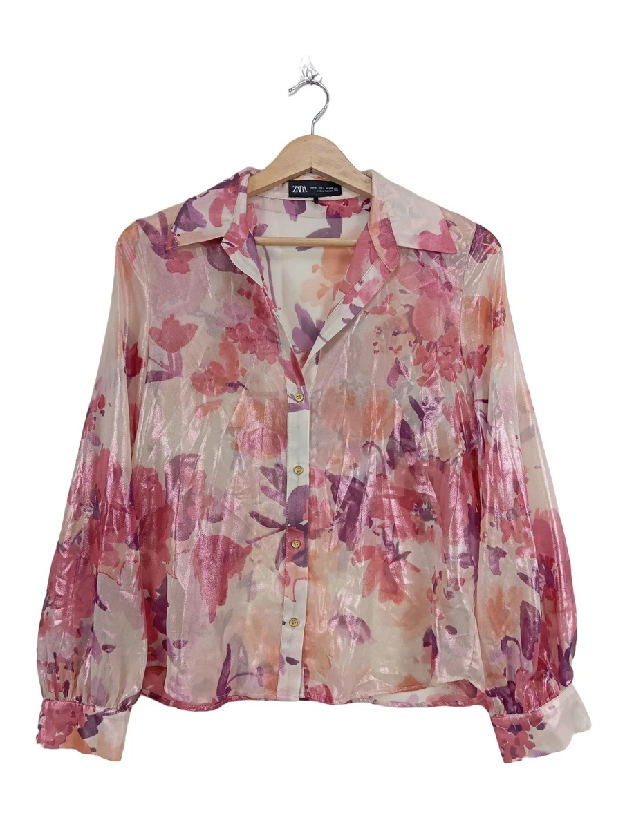 Chemisier Zara Rose Brillant Argenté Avec Volants - Taille S - Manches Longues Volantes - Style Festif