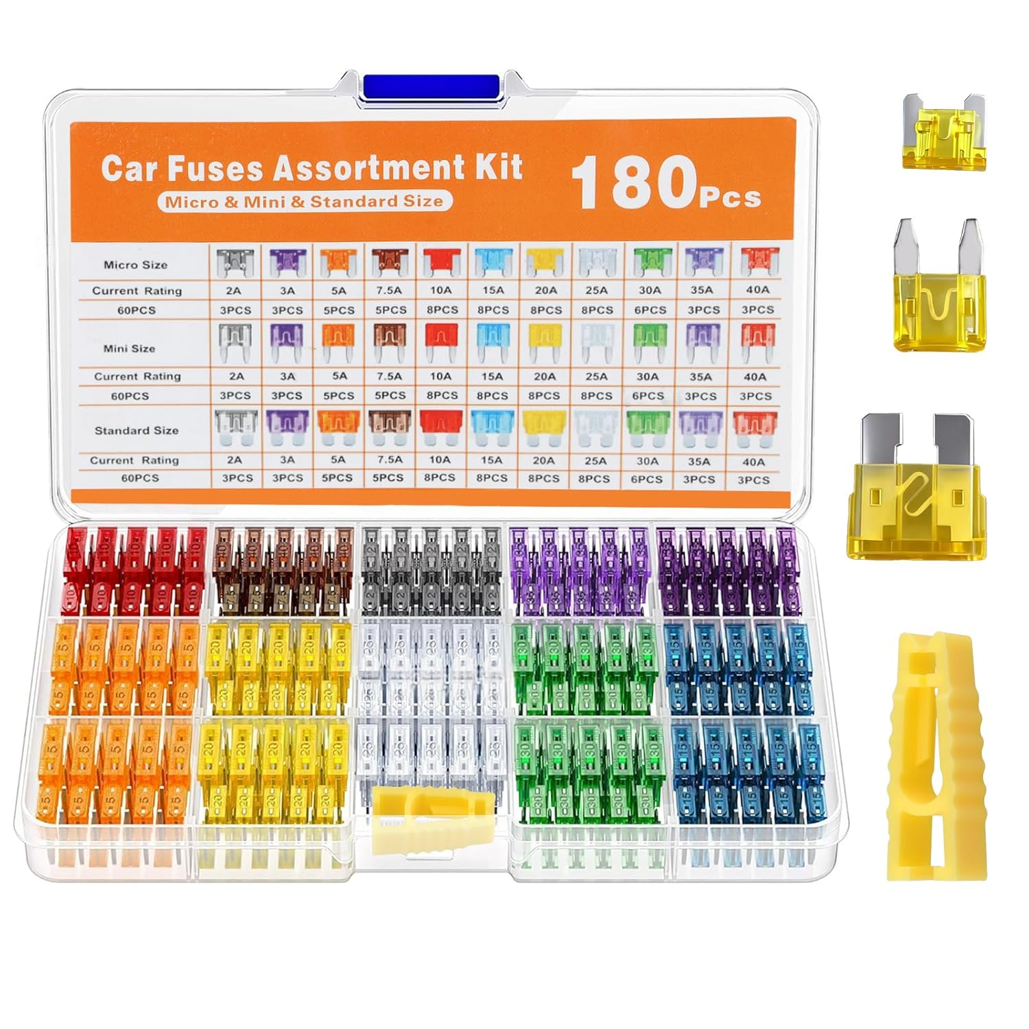 180Pcs Blade Car Fuse Assortment Kit, Micro *60 Mini *60 Standard Auto Fuses *60