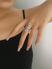 Stainless Steel Leaf Design Colorful Zirconia Rhinestone Ring, Silver