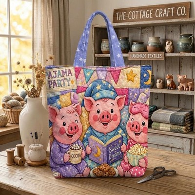 Pajama Party Pig Quilted Tote Bag, Cute Three Little Pigs Shoulder Bag, Pastel S