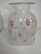 Large Clear Hand Blown Multicolor Millefiori Ribbed Art Glass Vase