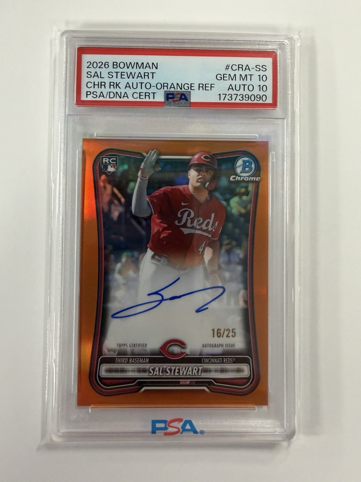 2026 Sal Stewart Bowman Chrome Orange Refractor Rookie Auto /25 PSA 10 view 1