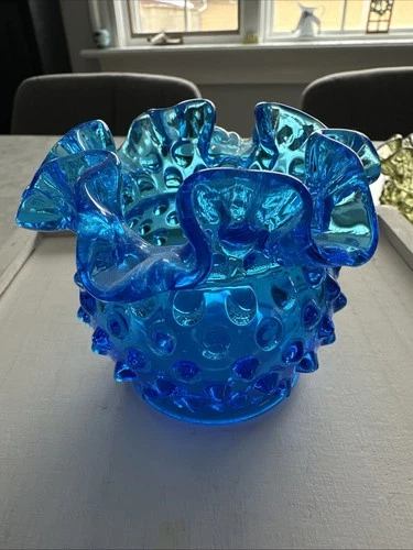 Vintage Fenton Art Glass Blue Hobnail Small Vase Ruffled Edge 3" Tall
