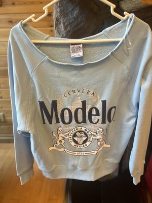 NWOT Off the Shoulder Light Blue Washed Out Style Modelo Cerveza Sweatshirt S