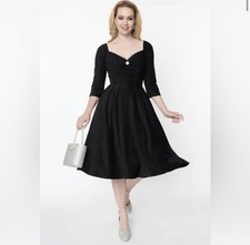 UNIQUE VINTAGE VELVET LAMAR BLACK BENGALINE SWEETHEART SWING DRESS – NEW – Sz M