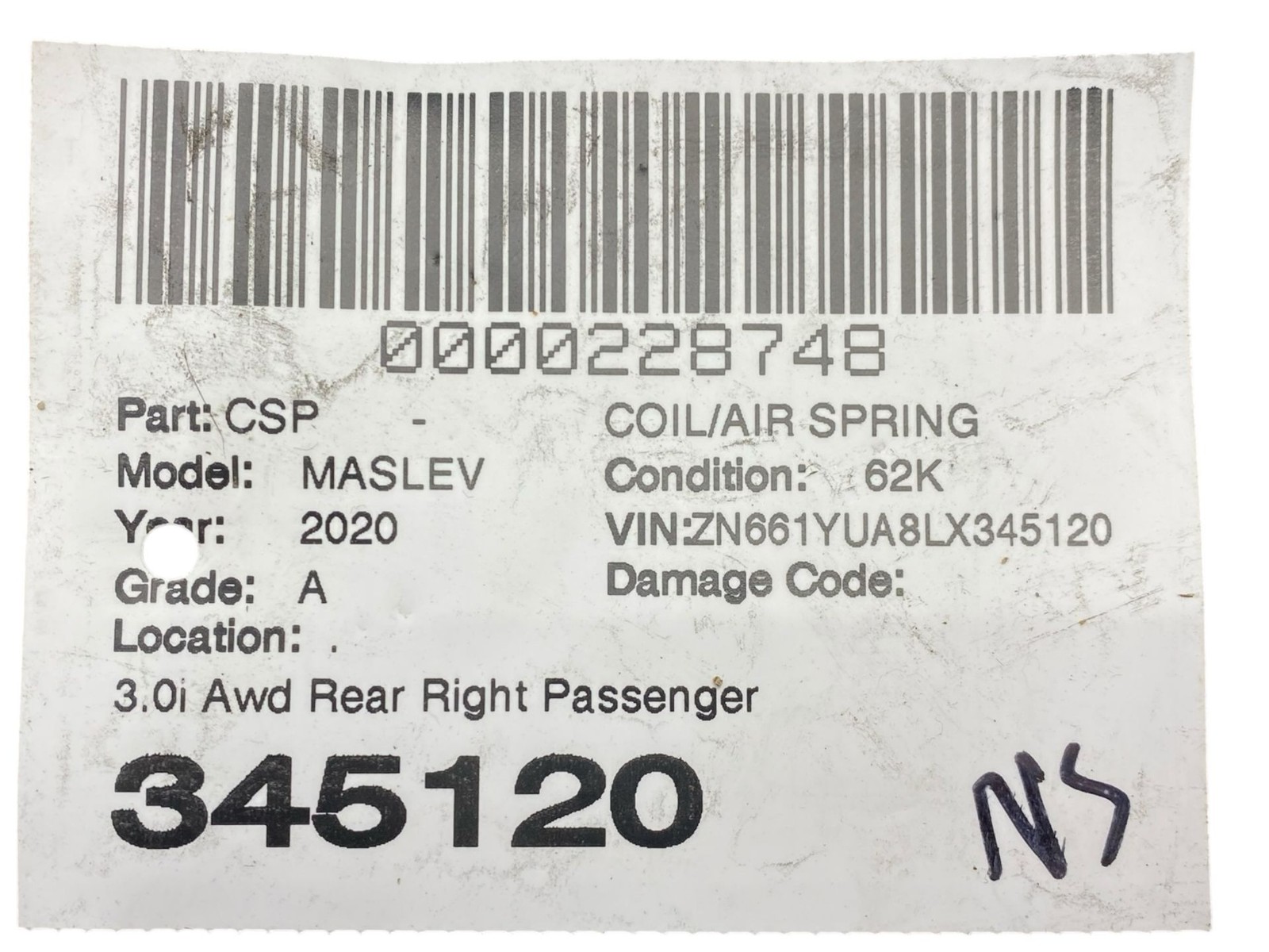 2017-2024 Maserati Levante M161 3.0l Awd Rear Right Suspension Air Spring *62K*