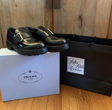 Prada Brushed Leather Buckle Loafers Black womens designer 8.5