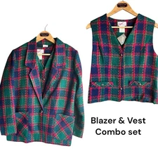VTG Christmas Plaid Blazer & Vest Acrylic Knit G.W. Division Of Graff Size 10