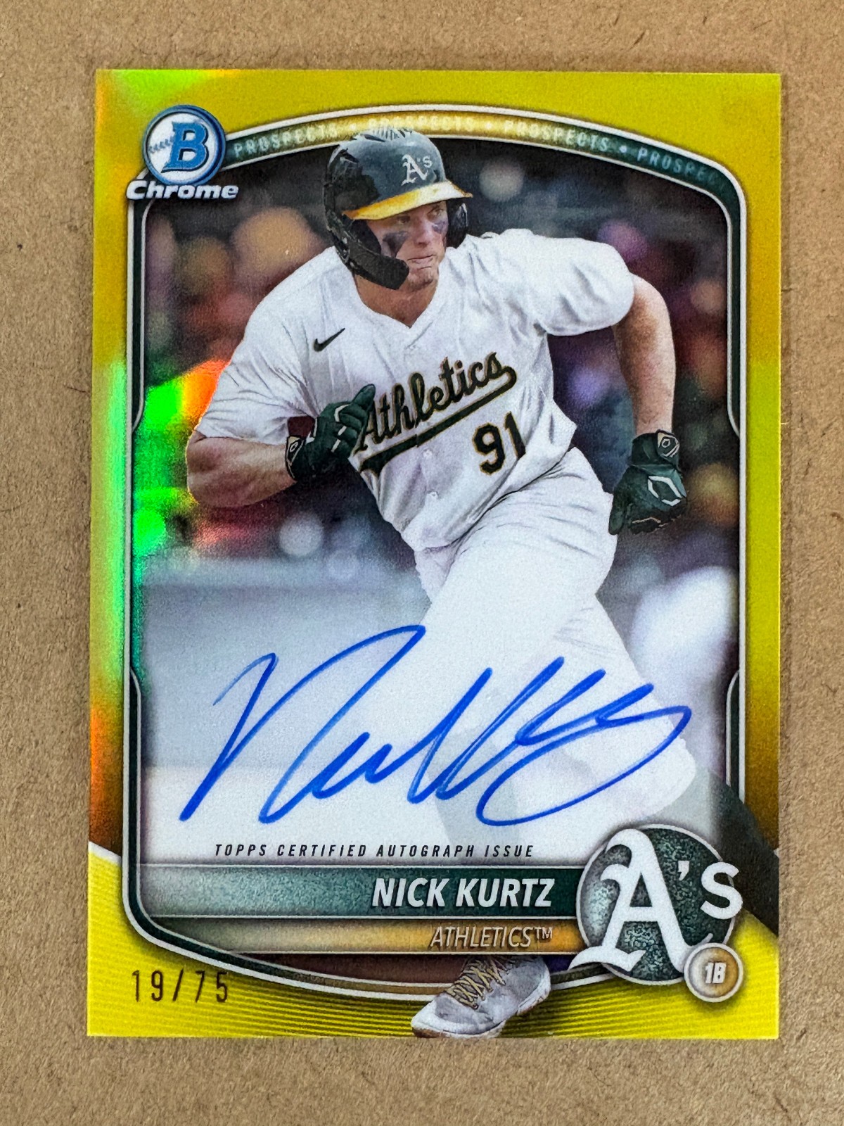 Nick Kurtz 2025 Bowman Chrome Autograph Yellow CPA-NK /75 Oakland Athletics ROY