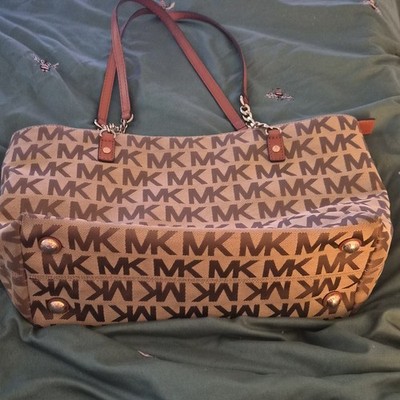 Michael Kors Beige/Brown Logo Shoulder Bag w/ Gold Hardware Zip Closure