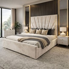 Image of Gas Lift Storage Bed Frame Velvet Upholstered Tall Headboard Super King Sizes UK