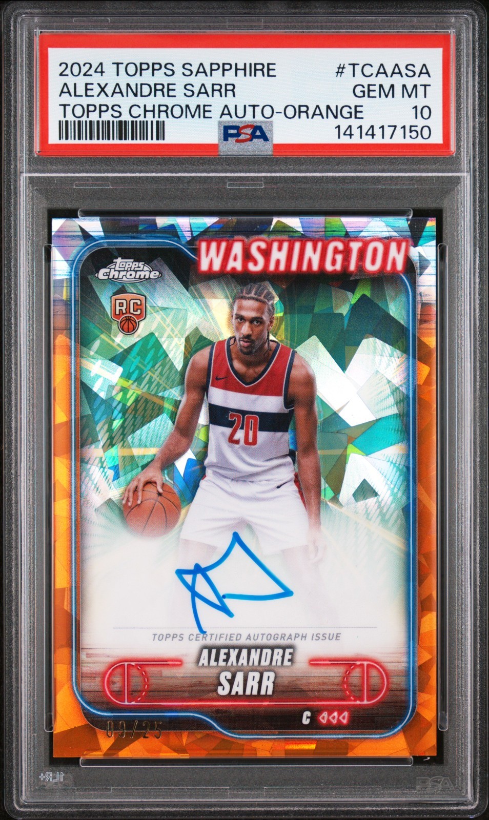 2024 Topps Chrome Sapphire #TCAASA Alexandre Sarr Orange /25 AU RC PSA 10 pop. 3