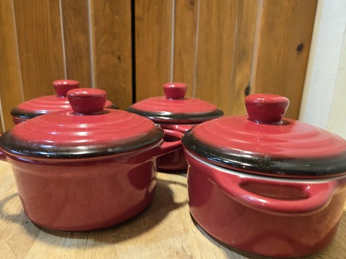 4 mini forni olandesi in argilla, Ramekins-rosso cipolla francese zuppiera manico coperchio 12 oz - Foto 2 di 12