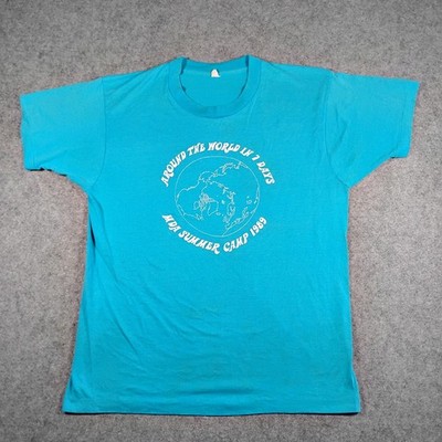 Vintage 1989 MDA Summer Camp Around The World T-Shirt Blue Single Stitch Mens L