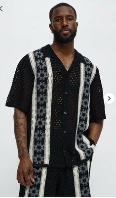 Crochet Panel Cuban Collar Button Up Shirt - Black/Combo Size M 100% Acrylic New