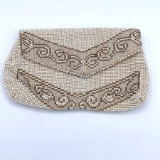 1950s Vintage Beaded Clutch Purse Ivory Gold Hand Beaded Bridal Evening Bag