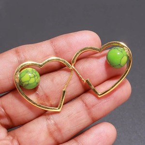 Authentic Natural Green Turquoise Heart Hoop Round Earrings, 925 Sterling Silver