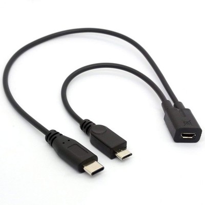 Micro USB Female to USBC Male + Type-C Male Charge Cable Extension