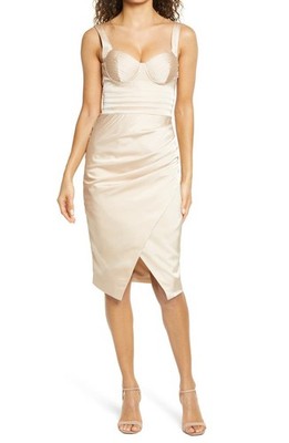 Lavish Alice Pleated Corset Satin Cocktail Dress SZ 10 US Clay Beige