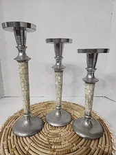 (3) Mother Of Pearl Candlestick Holders Tapered (Set-12"11"10")