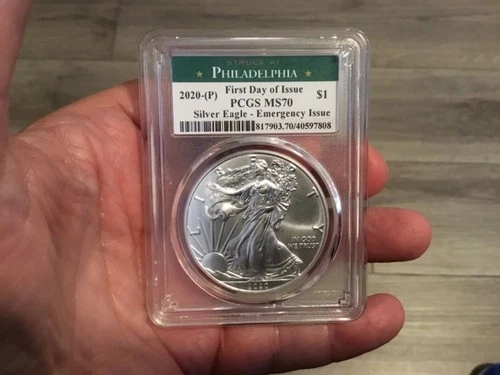 2020 (P) SILVER EAGLE PCGS MS70 FDI EMERGENCY ISSUE STRUCK AT PHILADELPHIA LABEL