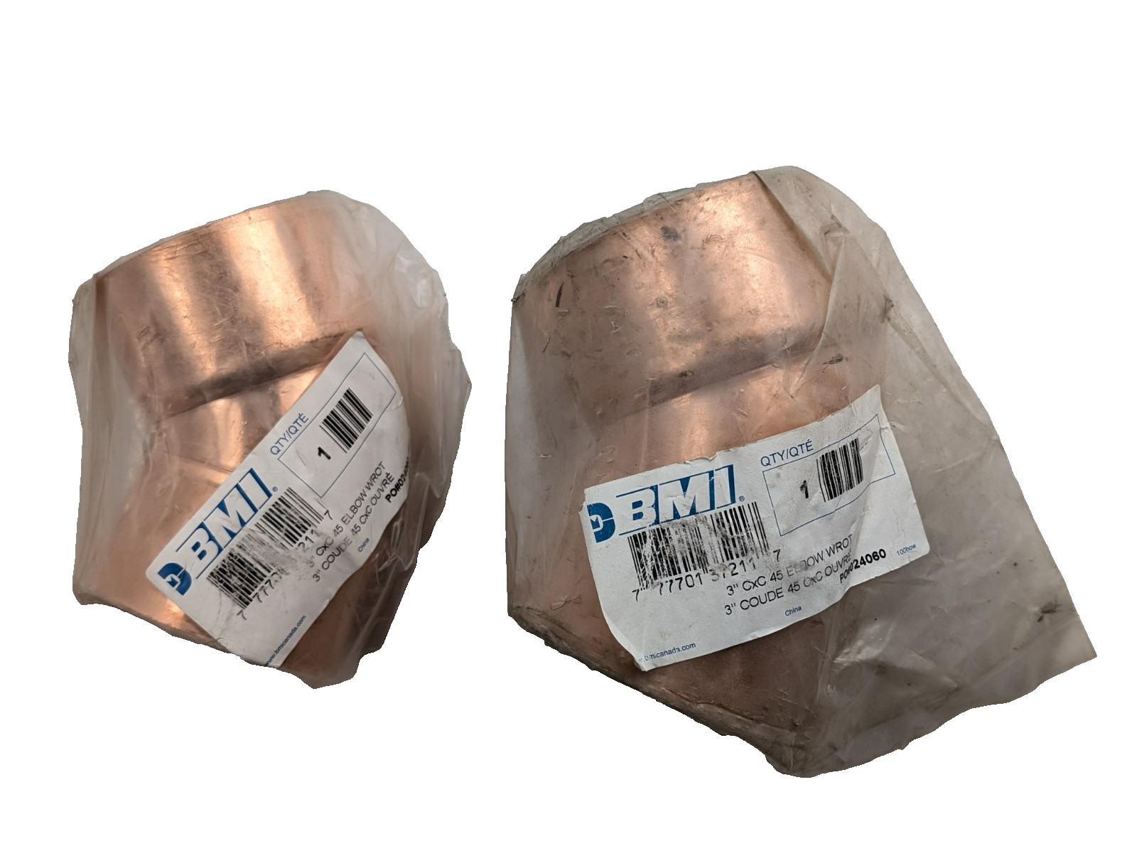 LOT OF 2 NEW BMI 3" COPPER  CxC 45 ELBOW WROT