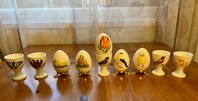 Vintage 5 Goebel Assorted Easter Eggs And 5 Porcelain & 4 Metal Stands. Good Con