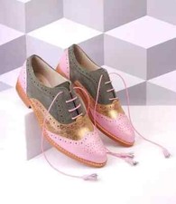 Handmade Women Gray  Pink Wing Tip Leather Suede Brogue Dress Lace Up Shoes