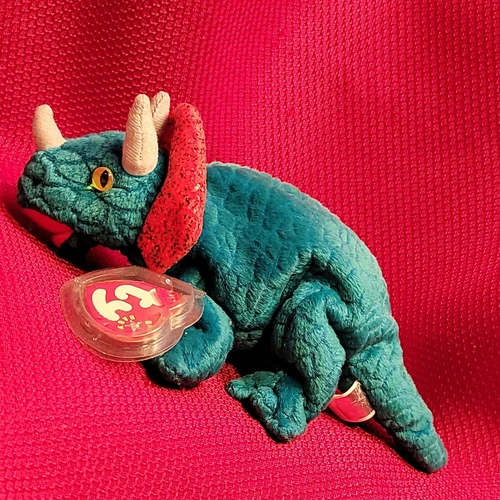 vtg TY Turquoise Green HORNSLY 2000 beanie baby dinosaur triceratops Plush stuff