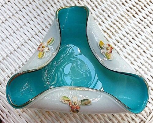 Japan Bowl Ashtray Nasco Enamel Art Vintage Aqua Cased Glass Floral Tri-Corner   - 第 1/9 張圖片